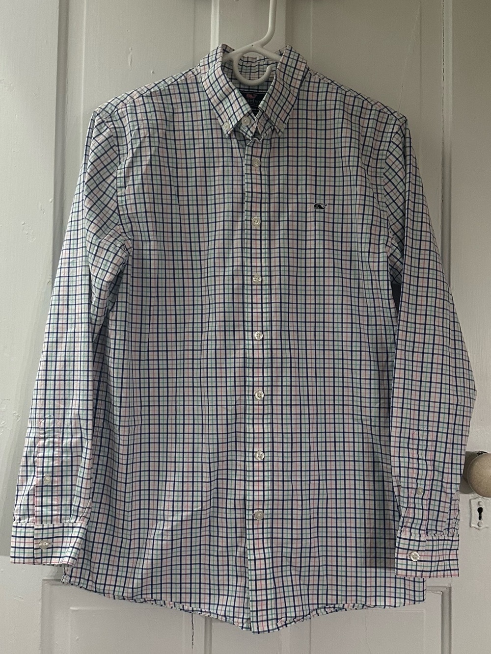 Vineyard Vines Men's Button-Down Shirt in White with Blue & Pink Grid